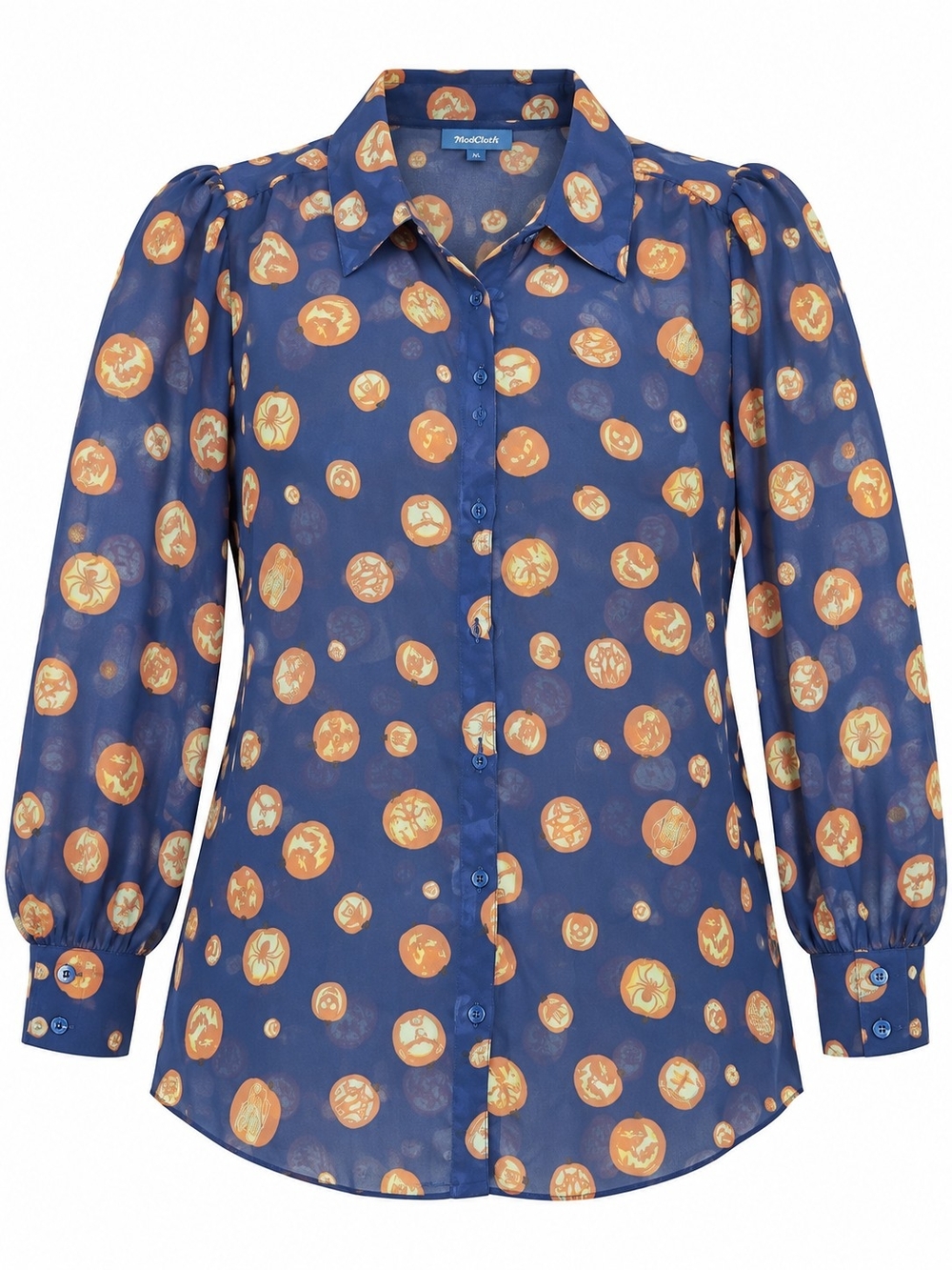 MODCLOTH | Navy Halloween Jack-O-Lantern Pumpkin Print Sheer Blouse | XL